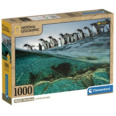 Caixa de puzzle National Geographic com 1000 peças e imagem de pinguins na água