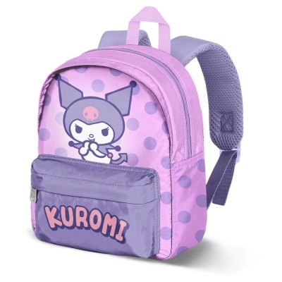 Mochila infantil rosa e lilás com personagem Kuromi