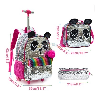 Conjunto infantil de mochila com carrinho, mochila pequena e estojo com design de urso em tecido de lantejoulas prateadas e detalhes cor de rosa