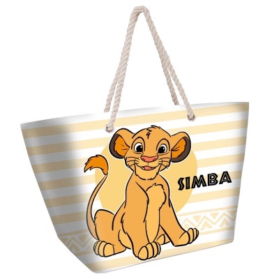 Saco de praia com riscas amarelas e brancas com desenho de Simba e texto SIMBA