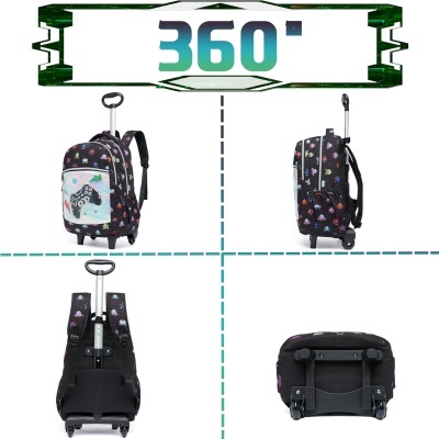 Mochila de rodas preta com padrão de videojogos e estampa de comando