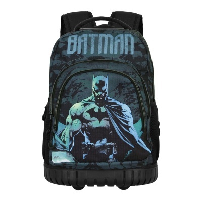 Mochila preta com imagem do Batman e texto BATMAN