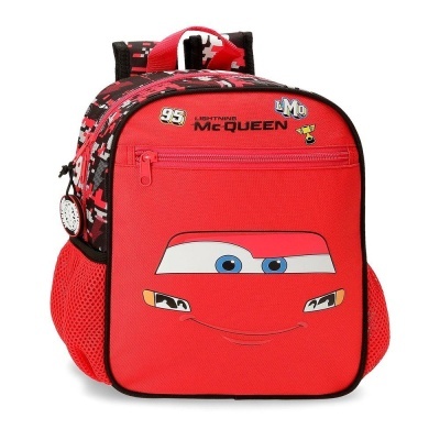 Mochila infantil vermelha com desenho do Lightning McQueen e bolso frontal com fecho