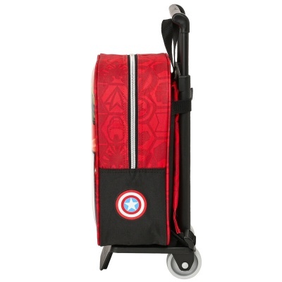 Mala de rodinhas vermelha e preta com símbolo do Capitão América e pega retrátil preta