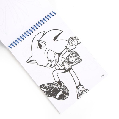 Livro de colorir com desenho a preto e branco de personagem de desenho animado com espiral azul