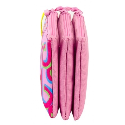 Bolsa rosa com três compartimentos e padrão colorido