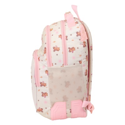 Mochila infantil cor-de-rosa com padrão de ursinhos em bicicleta e bolso lateral de rede