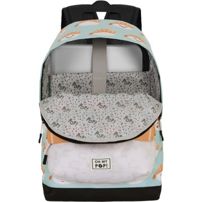 Mochila azul-claro com padrão de croissants e interior cinza com padrão POP, contendo laptop branco