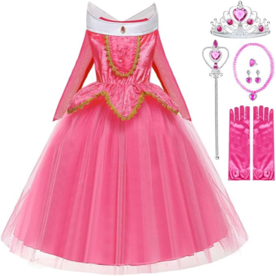 Vestido de princesa infantil rosa com acessórios coroa, cetro, colar, brincos e luvas.