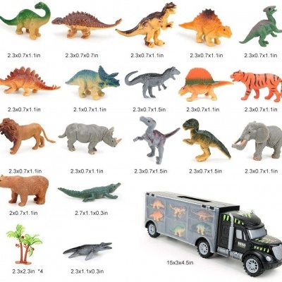 Brinquedos de dinossauros multicoloridos e camião de transporte preto com caixas transparentes.