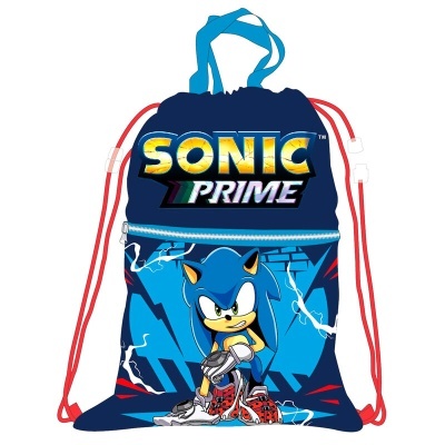 Mochila saco azul Sonic Prime com estampa do Sonic e cordões vermelhos