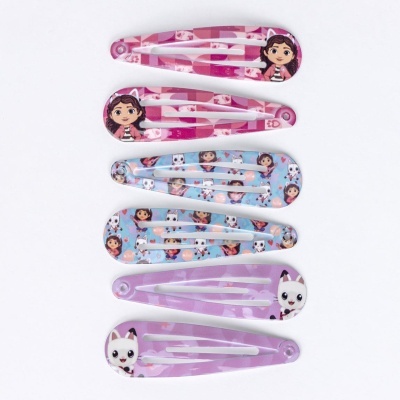 Seis ganchos de cabelo metálicos com estampas coloridas de desenhos animados