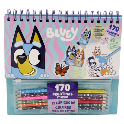 Conjunto Bluey com 170 pegatinas e 12 lápis de cor em estojo