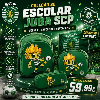 Conjunto escolar verde Sporting com mascote a jogar futebol e logótipo SCP