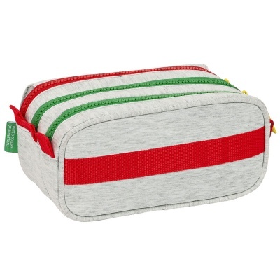 Estojo cinzento claro com três fechos de correr coloridos e faixa vermelha