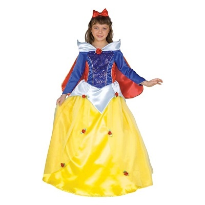 Vestido de princesa azul, amarelo e vermelho com capa e laço para criança