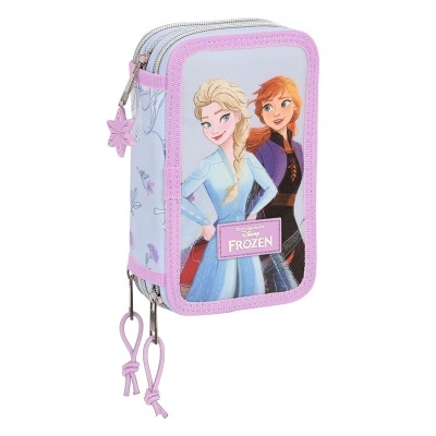 Estojo escolar lilás com personagens Anna e Elsa do Frozen na frente