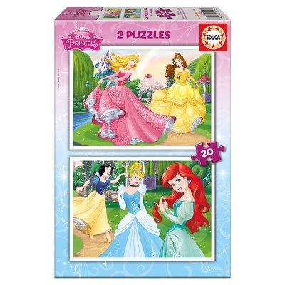 Caixa de puzzles Disney Princess com imagens de princesas e texto