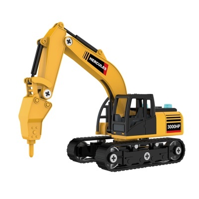 Miniatura de escavadora amarela com marca e potência visíveis