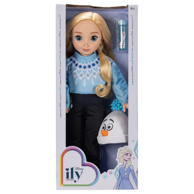 Boneca Disney ily 4EVER com suéter azul, calças pretas, chapéu com rosto do Olaf, garrafa e embalagem branca