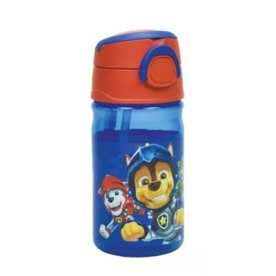 Garrafa de plástico azul com tampa vermelha e personagens da Patrulha Pata