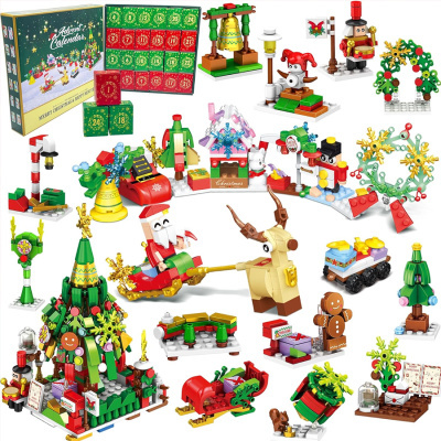 Conjunto de brinquedos de blocos de construção natalícios coloridos com vários elementos como árvore de Natal e rena.