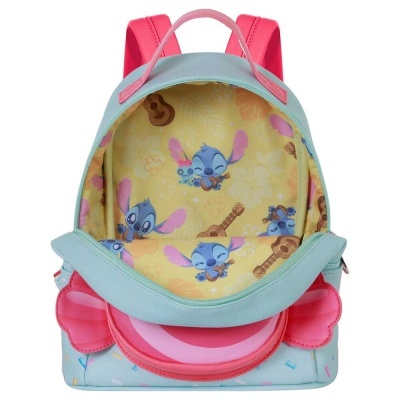 Mochila azul claro e rosa com interior amarelo estampado do Stitch com ukuleles