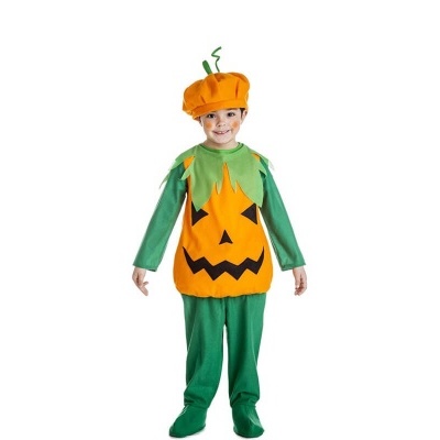 Fato de Halloween para criança com tema de abóbora em tecido laranja e verde.