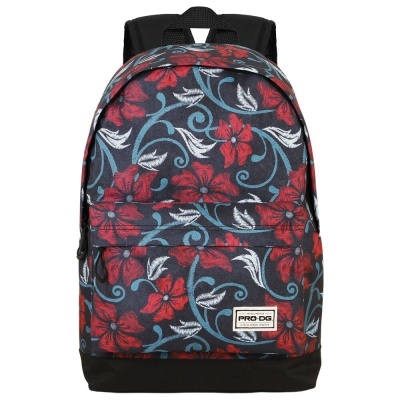 Mochila floral vermelha, branca e azul com bolso frontal e etiqueta PRO-DG