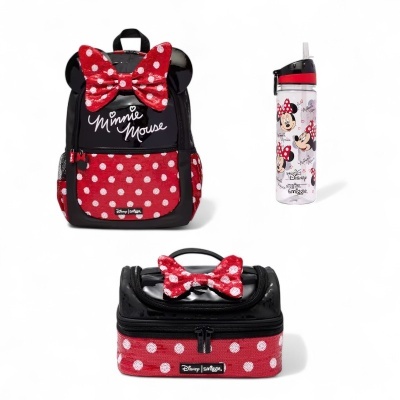 Conjunto Disney Minnie Mouse mochila, garrafa e lancheira com padrões de bolinhas vermelhas e brancas