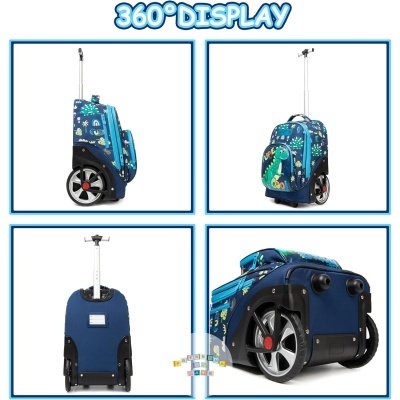 Mochila azul com padrão de dinossauros vista de vários ângulos