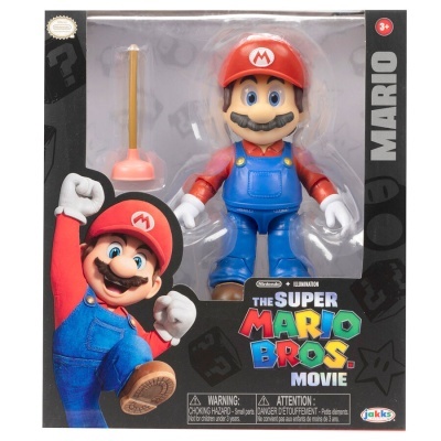 Boneco de ação do Mario com desentupidor em caixa do filme The Super Mario Bros.