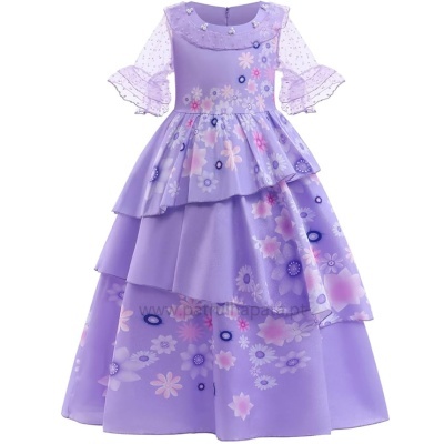 Vestido lilás de menina com camadas e padrões florais