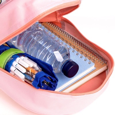 Estojo rosa aberto com garrafa de água, cadernos e estojo azul com canetas