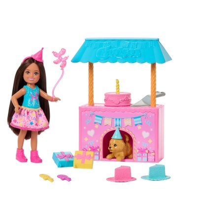 Brinquedo de boneca com stand de festa, cão e acessórios coloridos