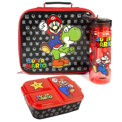 Conjunto lancheira, garrafa e caixa Super Mario com cores vermelha, preta e imagens do personagem