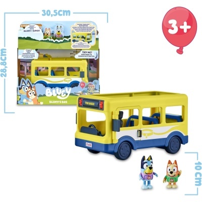 Brinquedo autocarro amarelo e azul com duas figuras de personagens, embalagem com texto Bluey e 3+