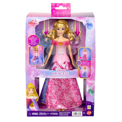 Boneca Disney Princess Aurora com vestido rosa e azul em caixa lilás com estrelas e texto
