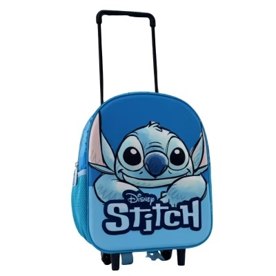 Mala de cabine azul com estampa do personagem Stitch e texto Disney Stitch