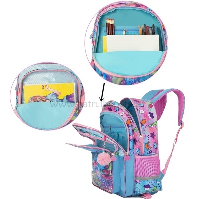 Mochila escolar rosa e azul com estampados de sereias e elementos do mar