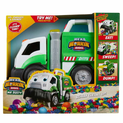 Brinquedo camião de limpeza verde branco Real Workin Buddies Mr. Dusty com botão try me e funções motoras