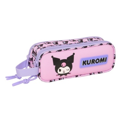 Estojo escolar rosa e lilás com personagem Kuromi e texto KUROMI