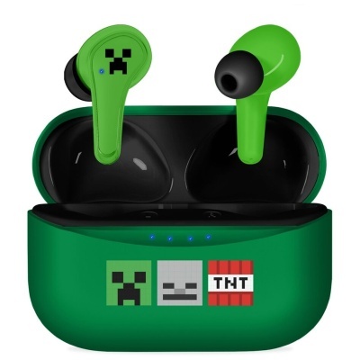 Auriculares sem fios verdes com estojo decorado com ícones Minecraft