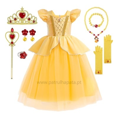 Conjunto de vestido amarelo de princesa com acessórios dourados e vermelhos