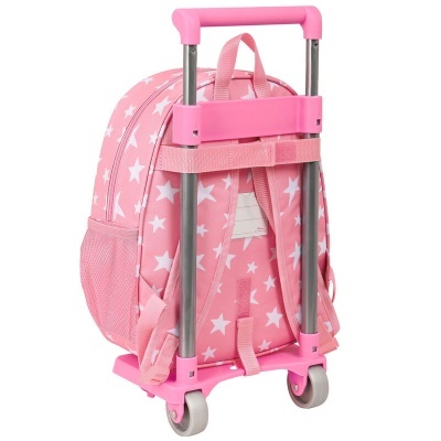 Mochila infantil rosa com estrelas e carrinho de rodas cor-de-rosa.