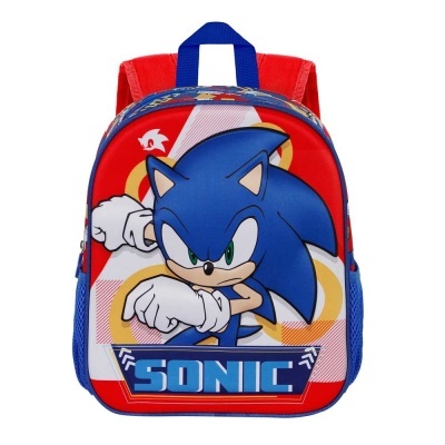 Mochila infantil vermelha e azul com estampa do Sonic