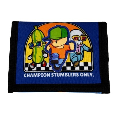 Carteira azul e preta com ilustração de personagens e texto CHAMPION STUMBLERS ONLY