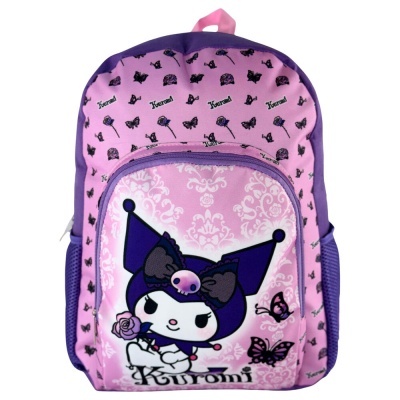 Mochila rosa e roxa com personagem Kuromi, borboletas e rosas
