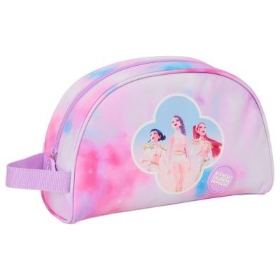 Necessaire rosa, lilás e azul com personagens e texto KPOP DEMON HUNTERS