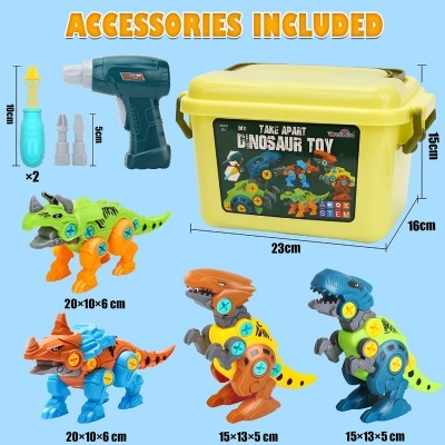 Conjunto desmontável de brinquedos dinossauros coloridos com ferramentas e caixa amarela